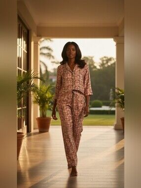 SLB Silk Blend Geometric Print Matching Pants Set 2PC Coord Boho Resort Sz 12